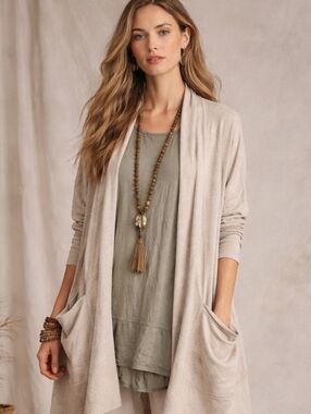 Pact Organic Cotton Open Front Long Line Cardigan w/Pockets in Oatmeal Beige M/L